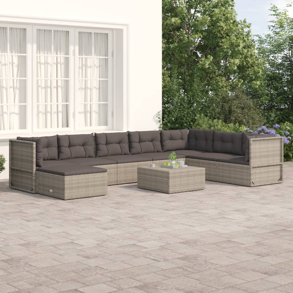 vidaXL Salon de jardin 8 pcs avec coussins Gris Résine tressée