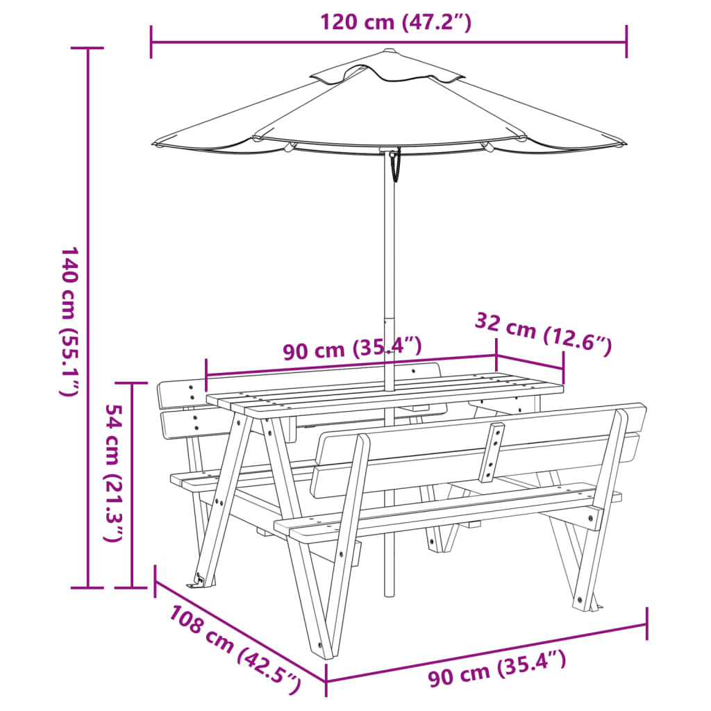 vidaXL Table de pique-nique pour 4 enfants avec parasol bois de sapin