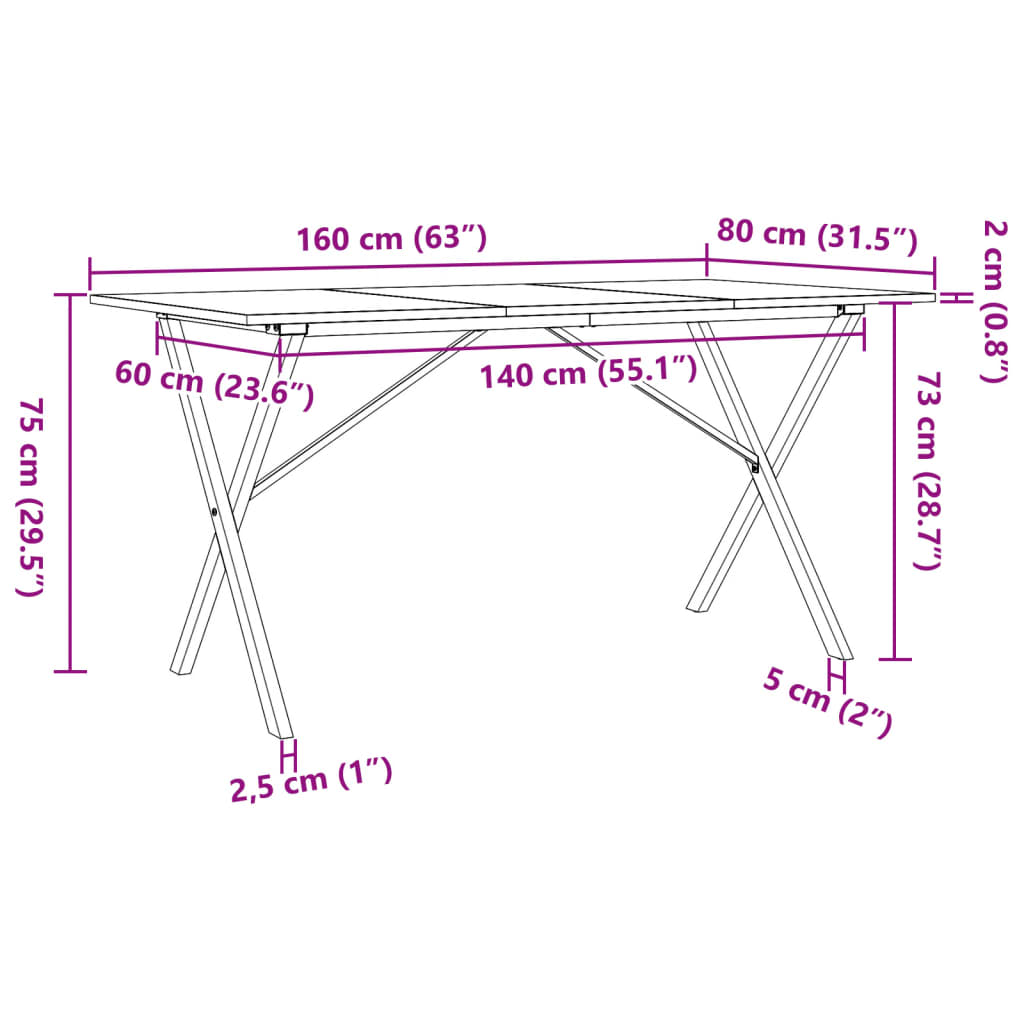 vidaXL Table à manger cadre en X 160x80x75 cm bois de pin massif fonte