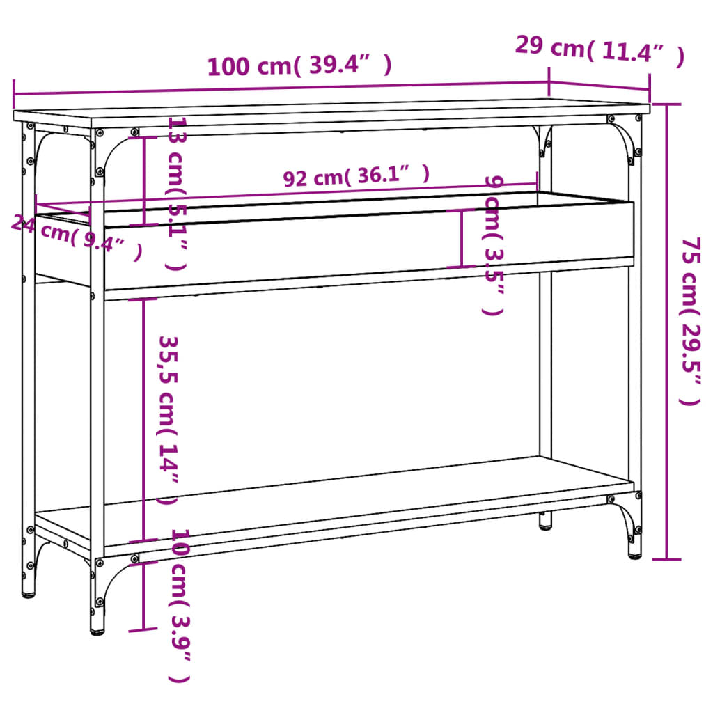 vidaXL Table console avec étagère chêne marron 100x29x75 cm