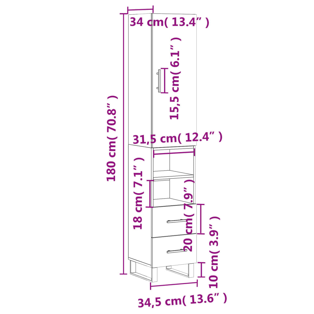 vidaXL Buffet haut Blanc 34,5x34x180 cm Bois d'ingénierie