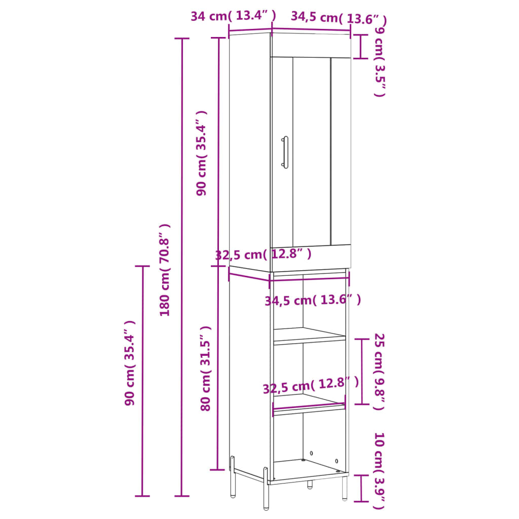 vidaXL Buffet haut Gris béton 34,5x34x180 cm Bois d'ingénierie