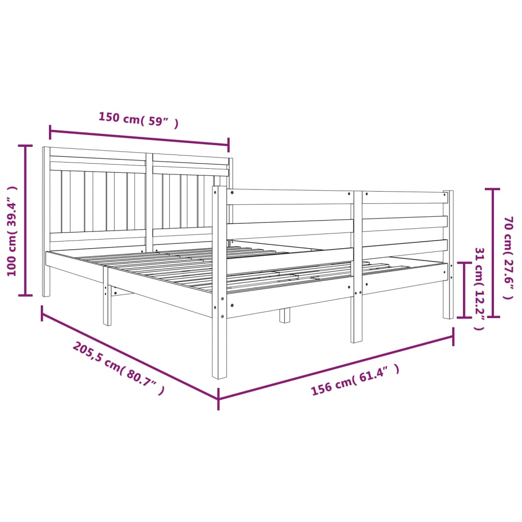 vidaXL Cadre de lit Marron miel 150x200 cm Très grand Bois massif