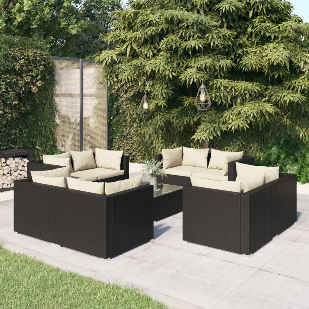 vidaXL Salon de jardin 9 pcs avec coussins Résine tressée Noir