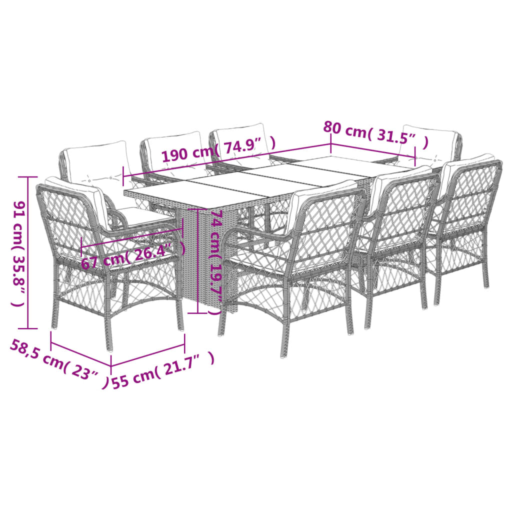 vidaXL Ensemble à manger de jardin et coussins 9 pcs mélange beige