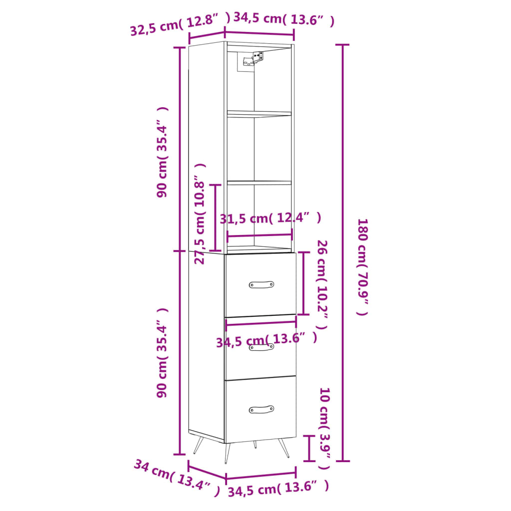 vidaXL Buffet haut Noir 34,5x34x180 cm Bois d'ingénierie