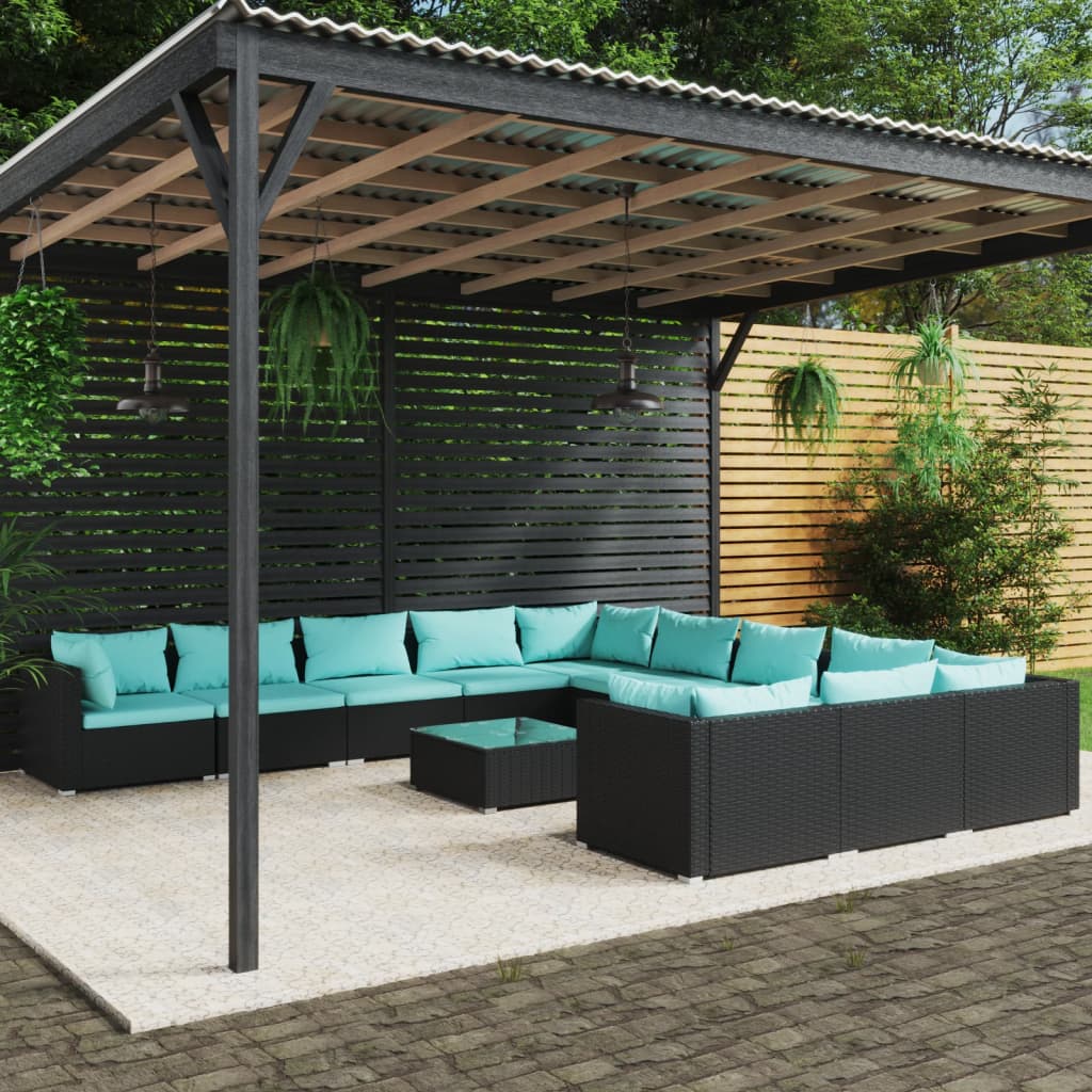 vidaXL Salon de jardin 12 pcs avec coussins Résine tressée Noir