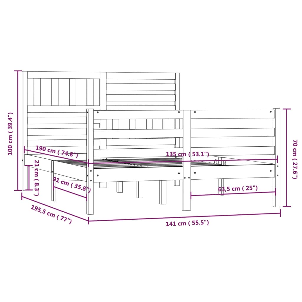 vidaXL Cadre de lit 135x190 cm Double Bois massif