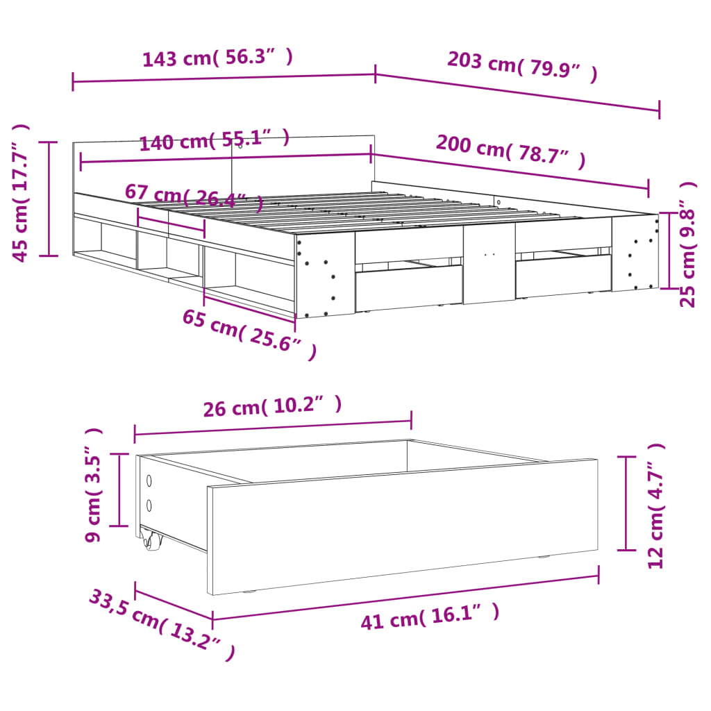 vidaXL Cadre de lit avec tiroirs sans matelas chêne fumé 140x200 cm