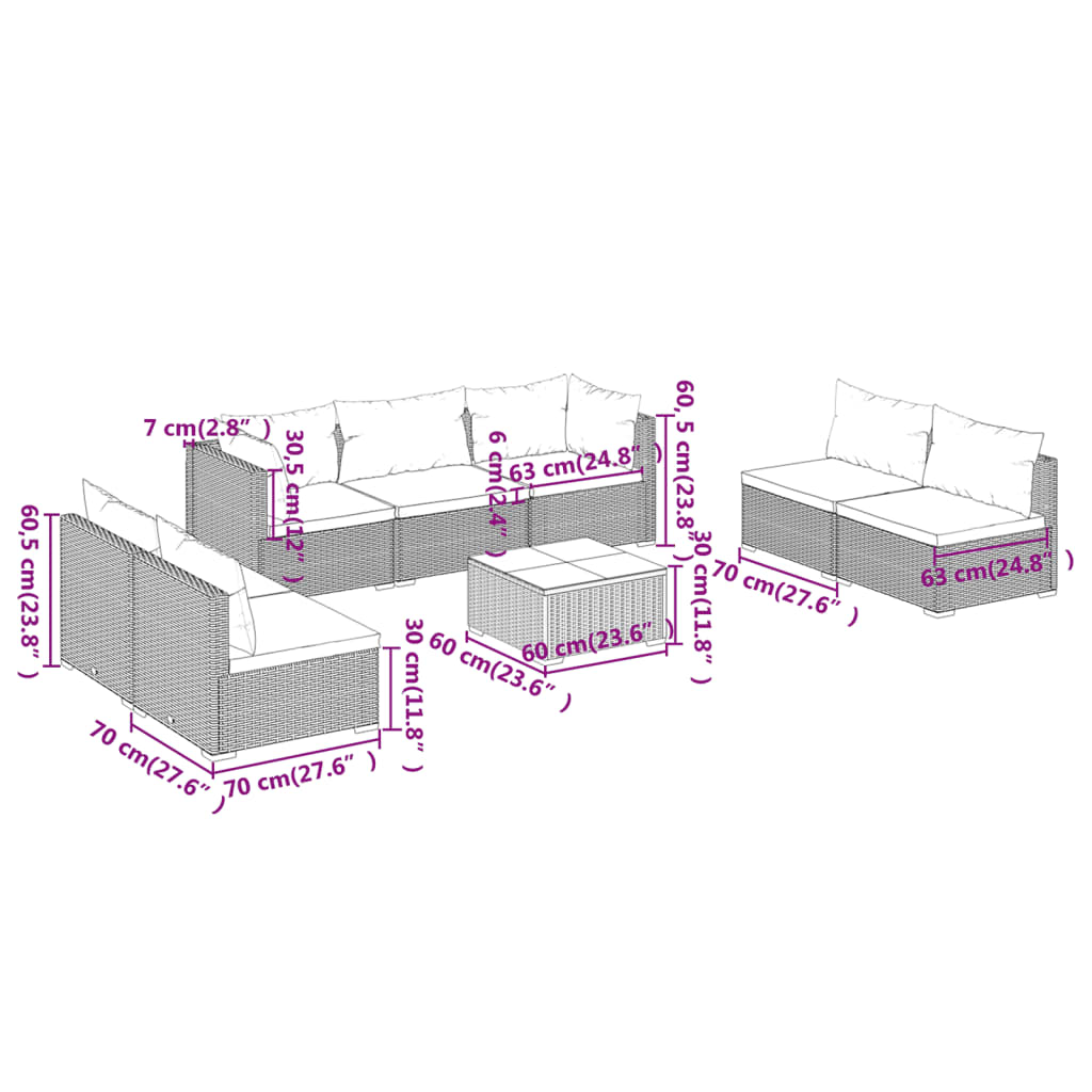 vidaXL Salon de jardin 8 pcs avec coussins Résine tressée Noir