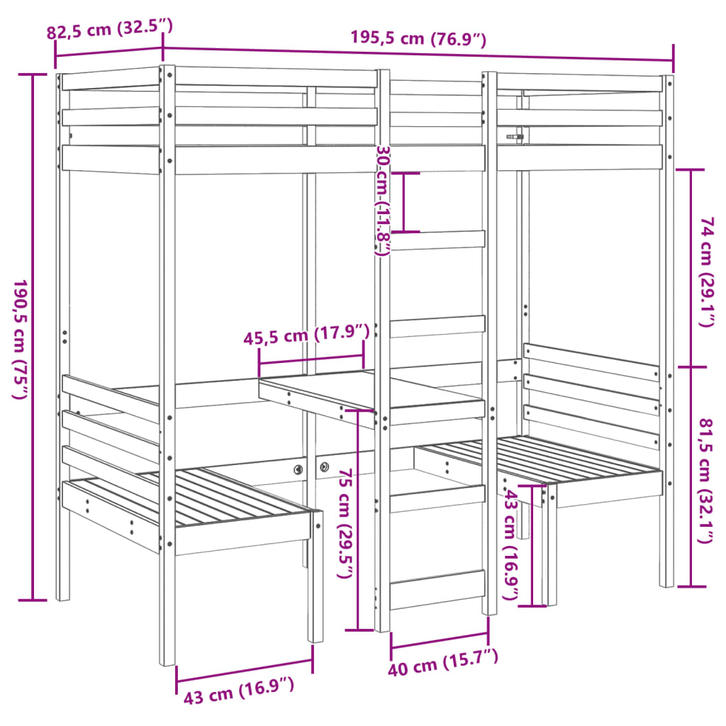 vidaXL Lit mezzanine avec bureau et chaises 75x190 cm pin massif