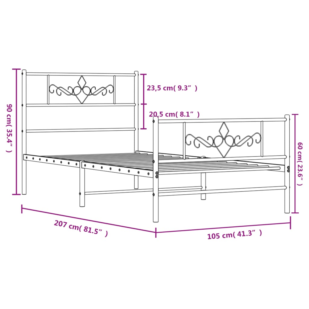 vidaXL Cadre de lit métal sans matelas et pied de lit noir 100x200 cm