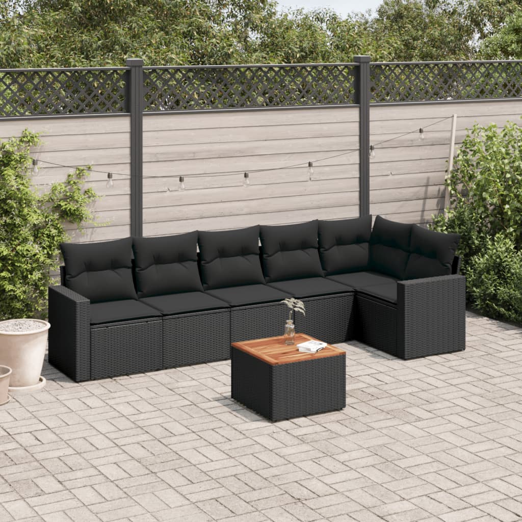 vidaXL Salon de jardin 7 pcs avec coussins noir résine tressée