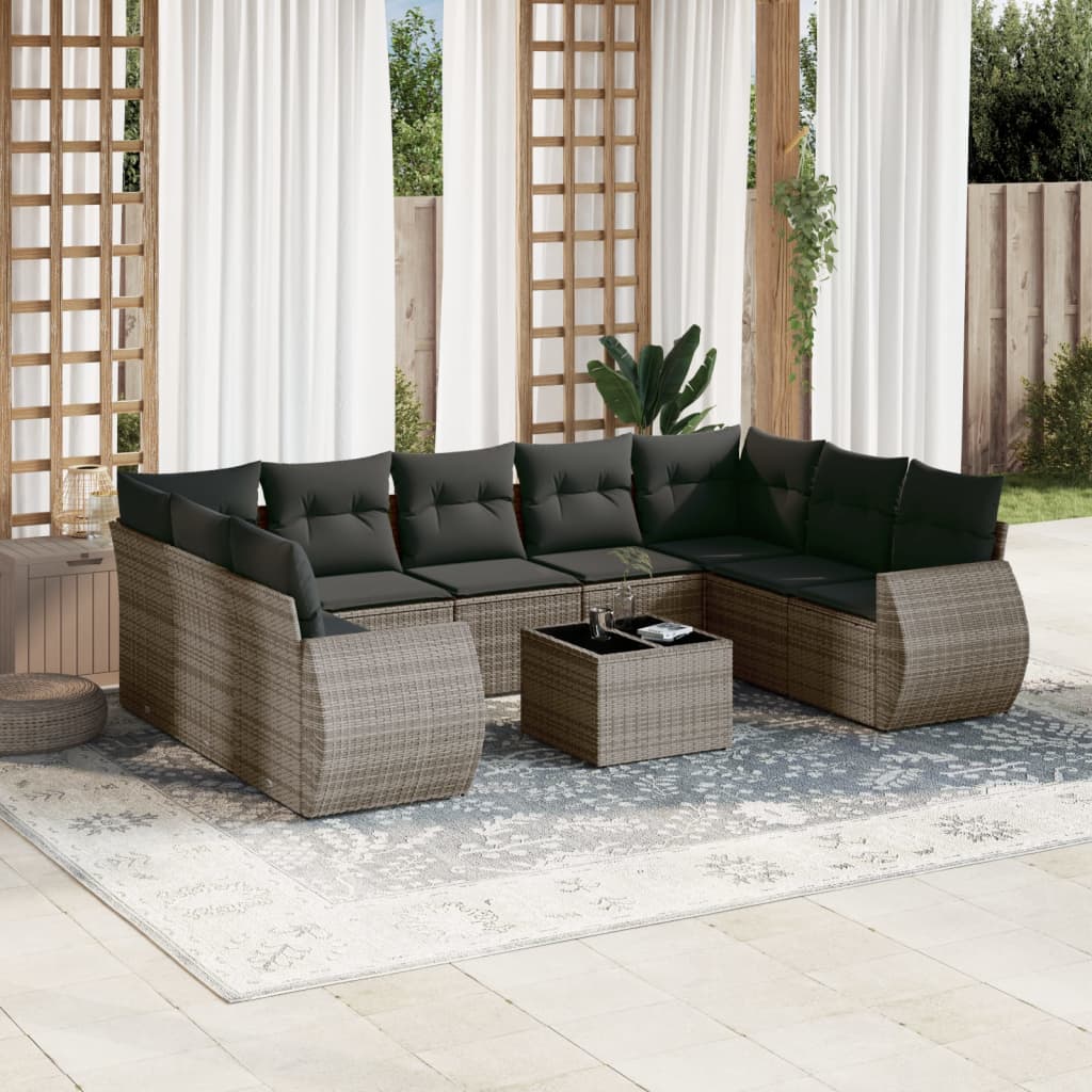 vidaXL Salon de jardin avec coussins 10 pcs gris résine tressée