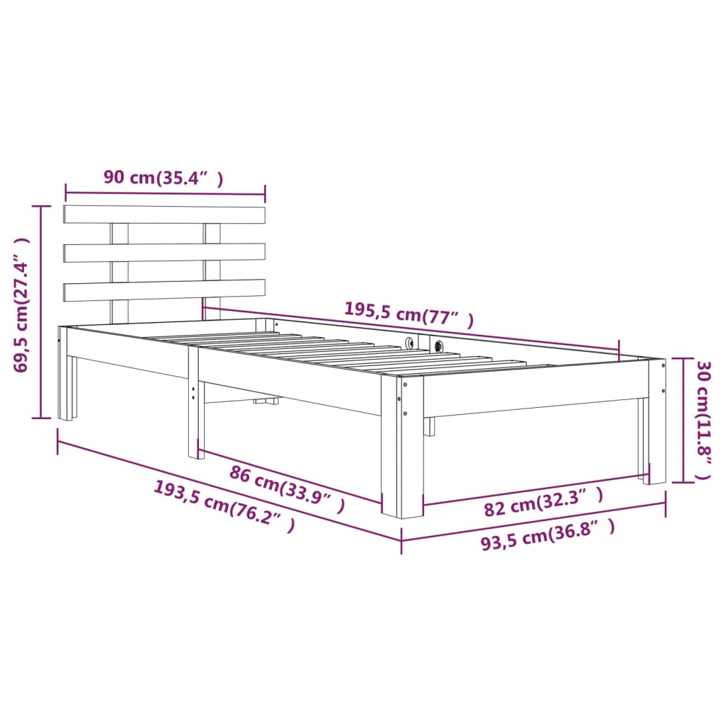 vidaXL Cadre de lit Noir Bois massif 90x190 cm Simple