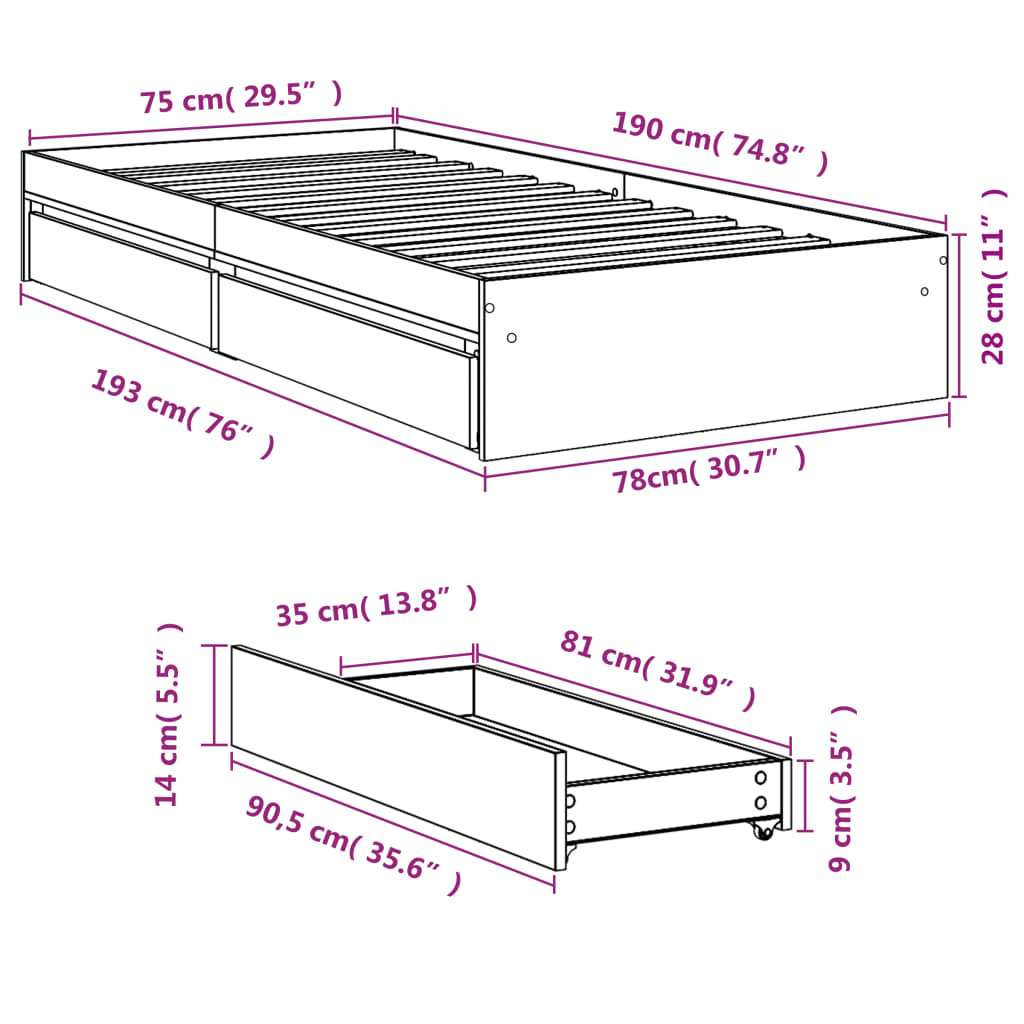 vidaXL Cadre de lit et tiroirs chêne sonoma 75x190cm bois d'ingénierie