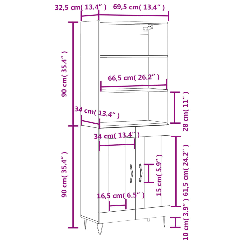 vidaXL Buffet haut Chêne fumé 69,5x34x180 cm Bois d'ingénierie