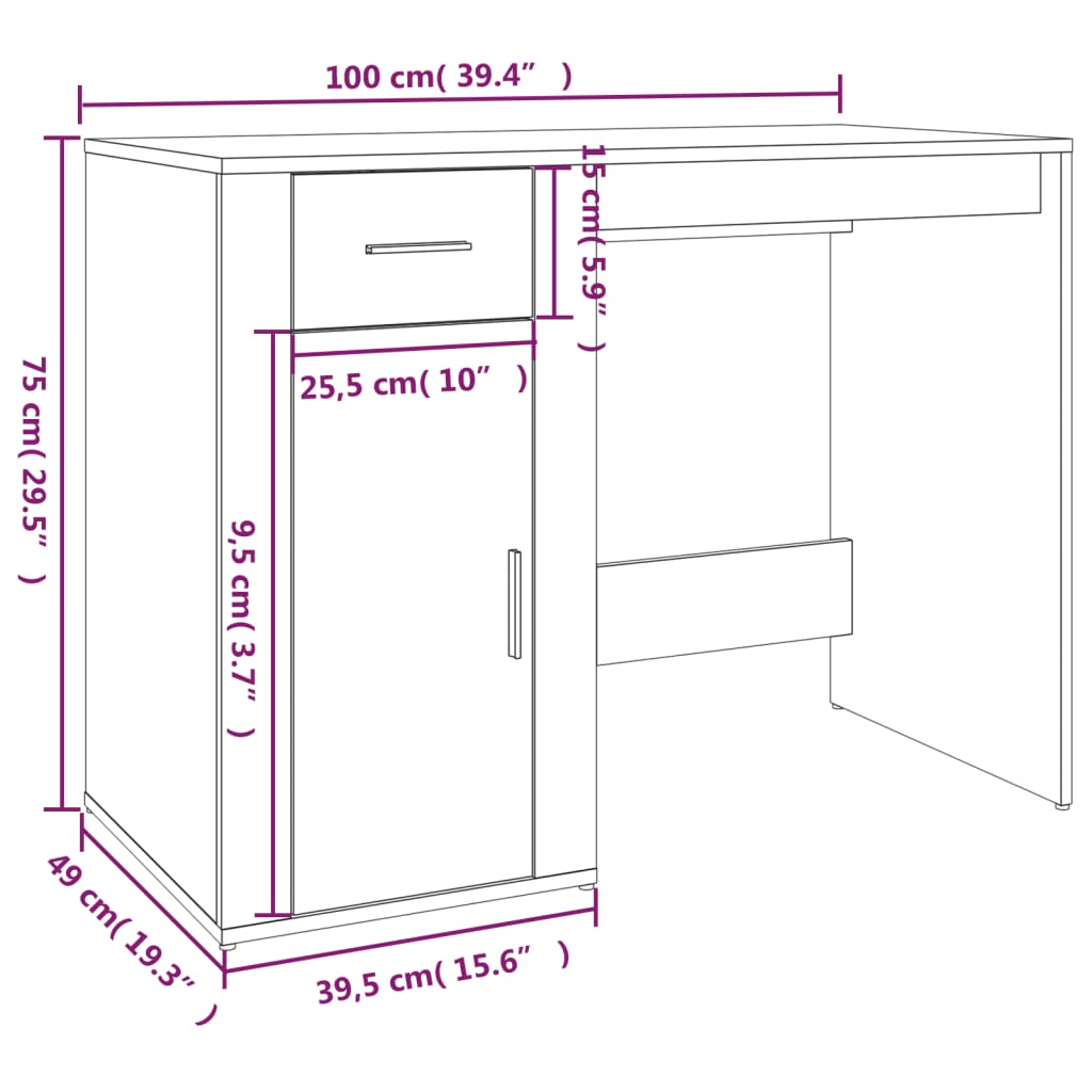 vidaXL Bureau Noir 100x49x75 cm Bois d'ingénierie