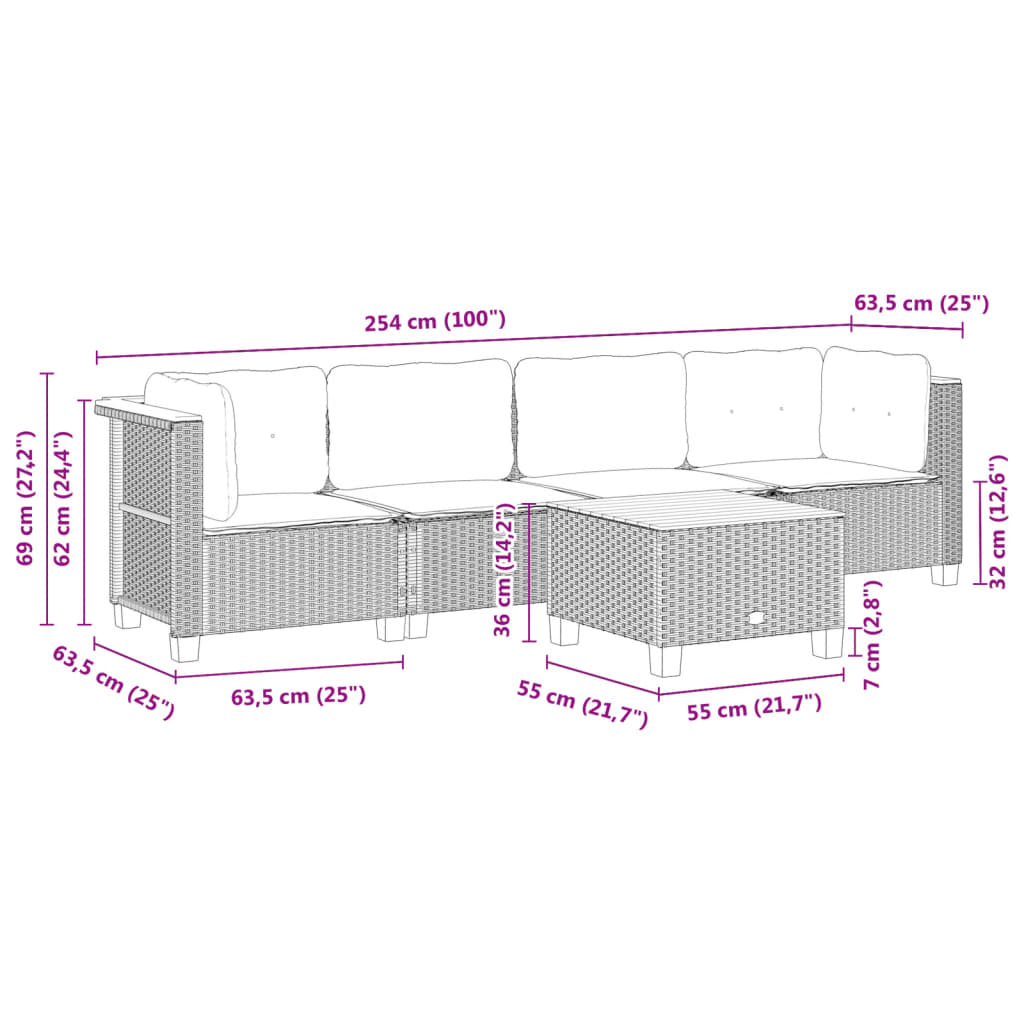 vidaXL Salon de jardin 5 pcs avec coussins gris résine tressée