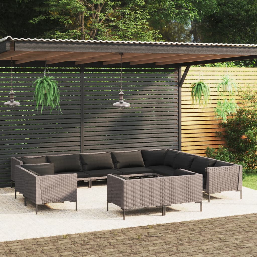 vidaXL Salon de jardin 12 pcs avec coussins Résine tressée Gris foncé