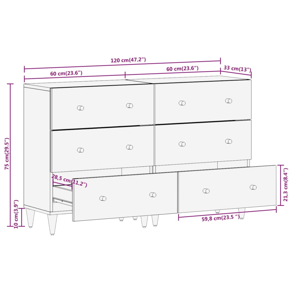 vidaXL Armoires latérales 2 pcs 60x33x75 cm bois massif de manguier