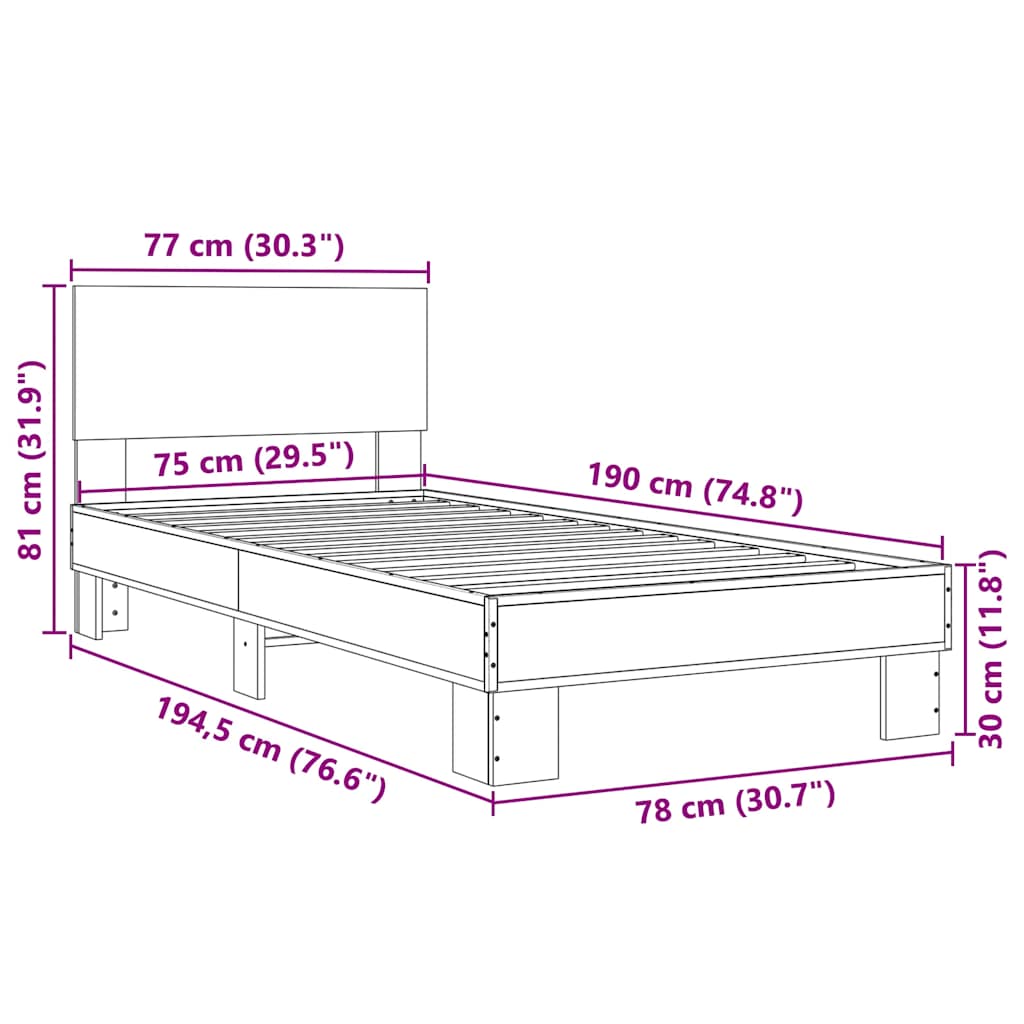 vidaXL Cadre de lit chêne sonoma 75x190 cm bois d'ingénierie et métal