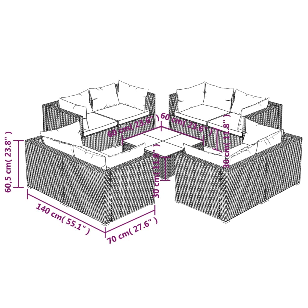 vidaXL Salon de jardin 9 pcs avec coussins Résine tressée Noir