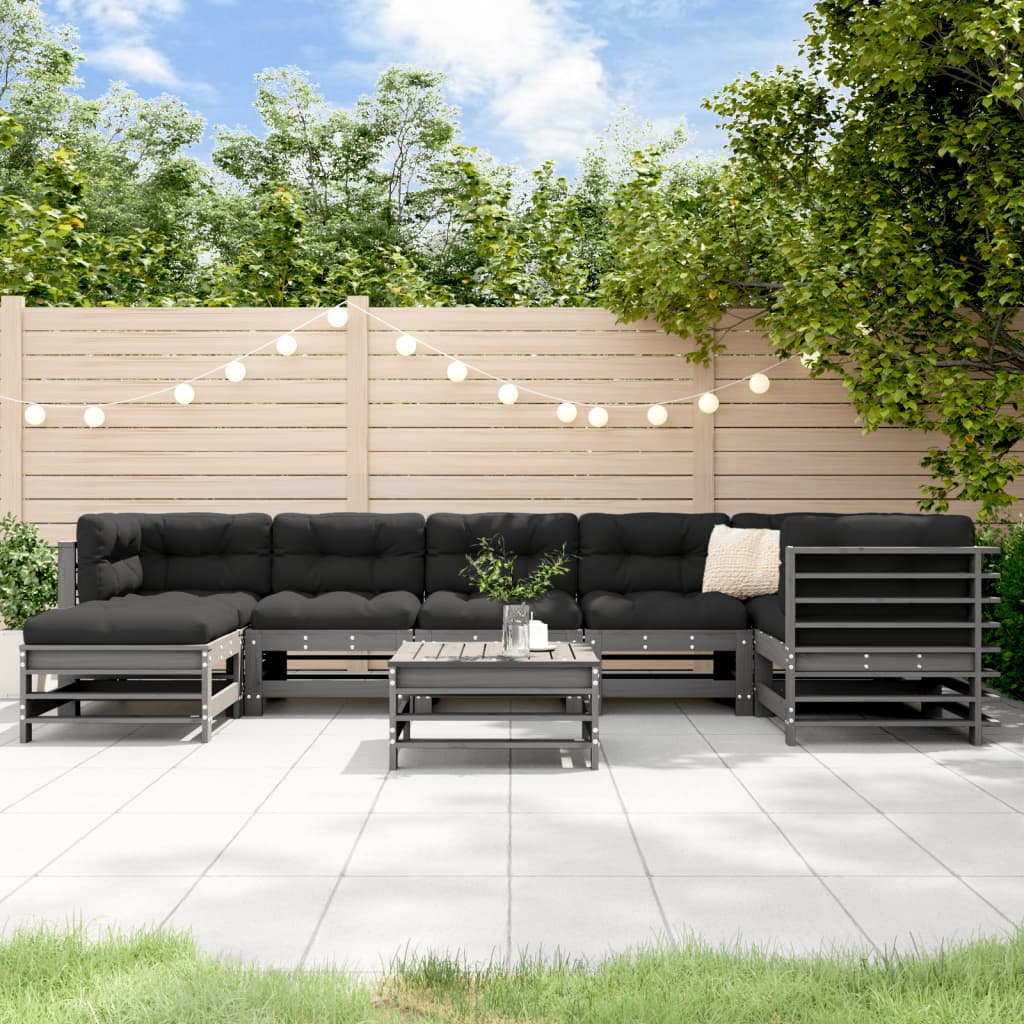 vidaXL Salon de jardin 8 pcs avec coussins gris bois massif