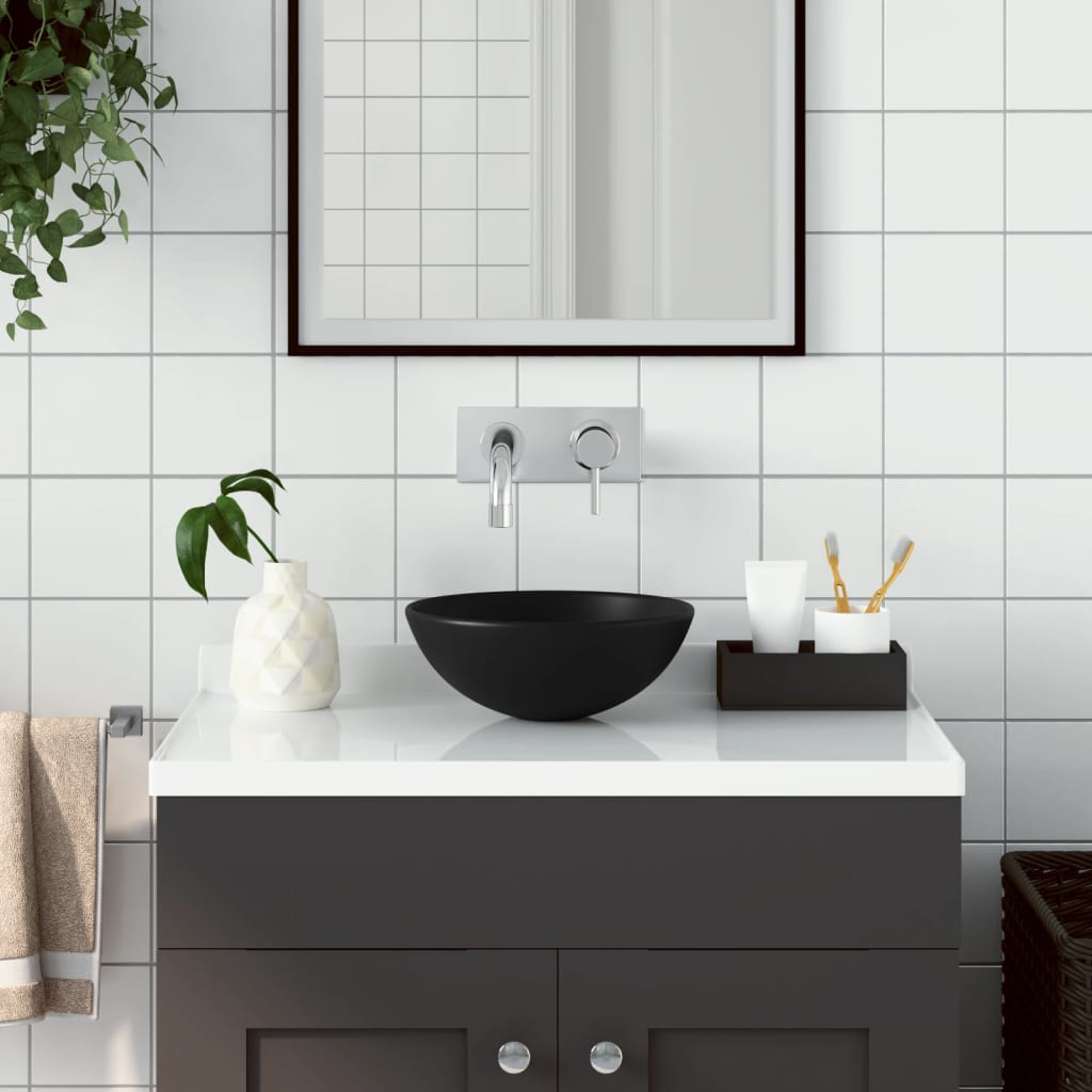 vidaXL Lavabo de salle de bain Céramique Noir mat Rond