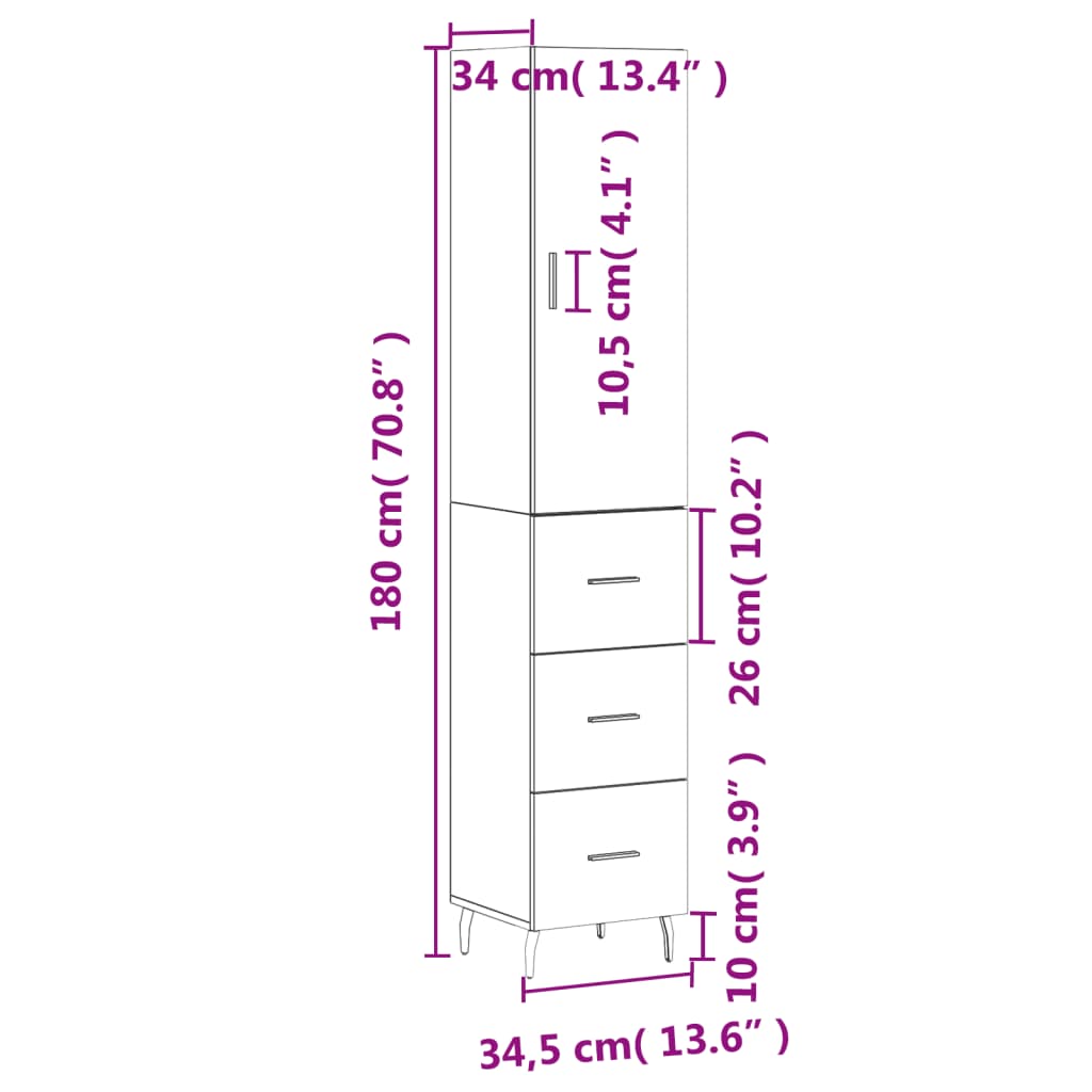 vidaXL Buffet haut Chêne marron 34,5x34x180 cm Bois d'ingénierie