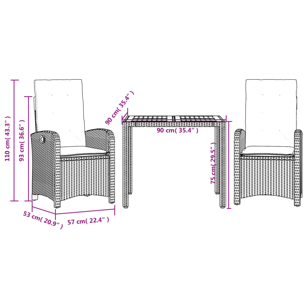 vidaXL Ensemble à manger de jardin 3 pcs coussins gris résine tressée