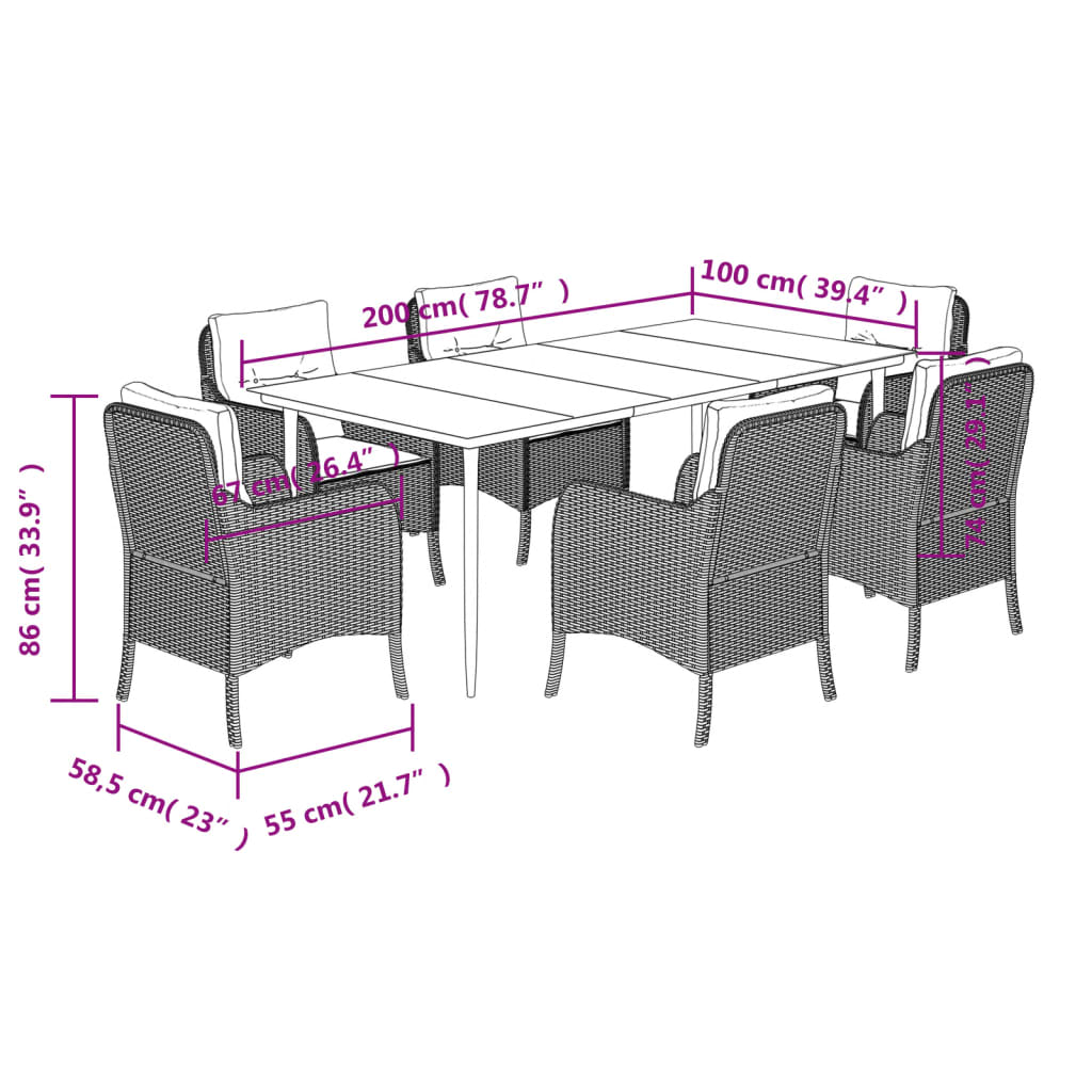 vidaXL Ensemble à manger de jardin et coussins 7 pcs gris rotin