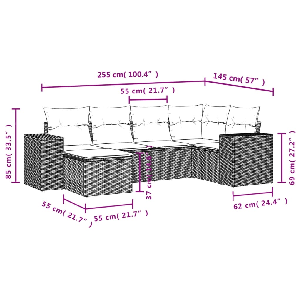 vidaXL Salon de jardin 6 pcs avec coussins noir résine tressée