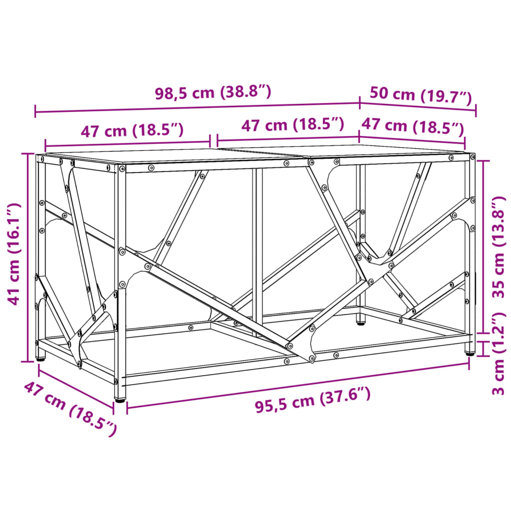 vidaXL Table basse avec dessus en verre transparent 98,5x50x41cm acier