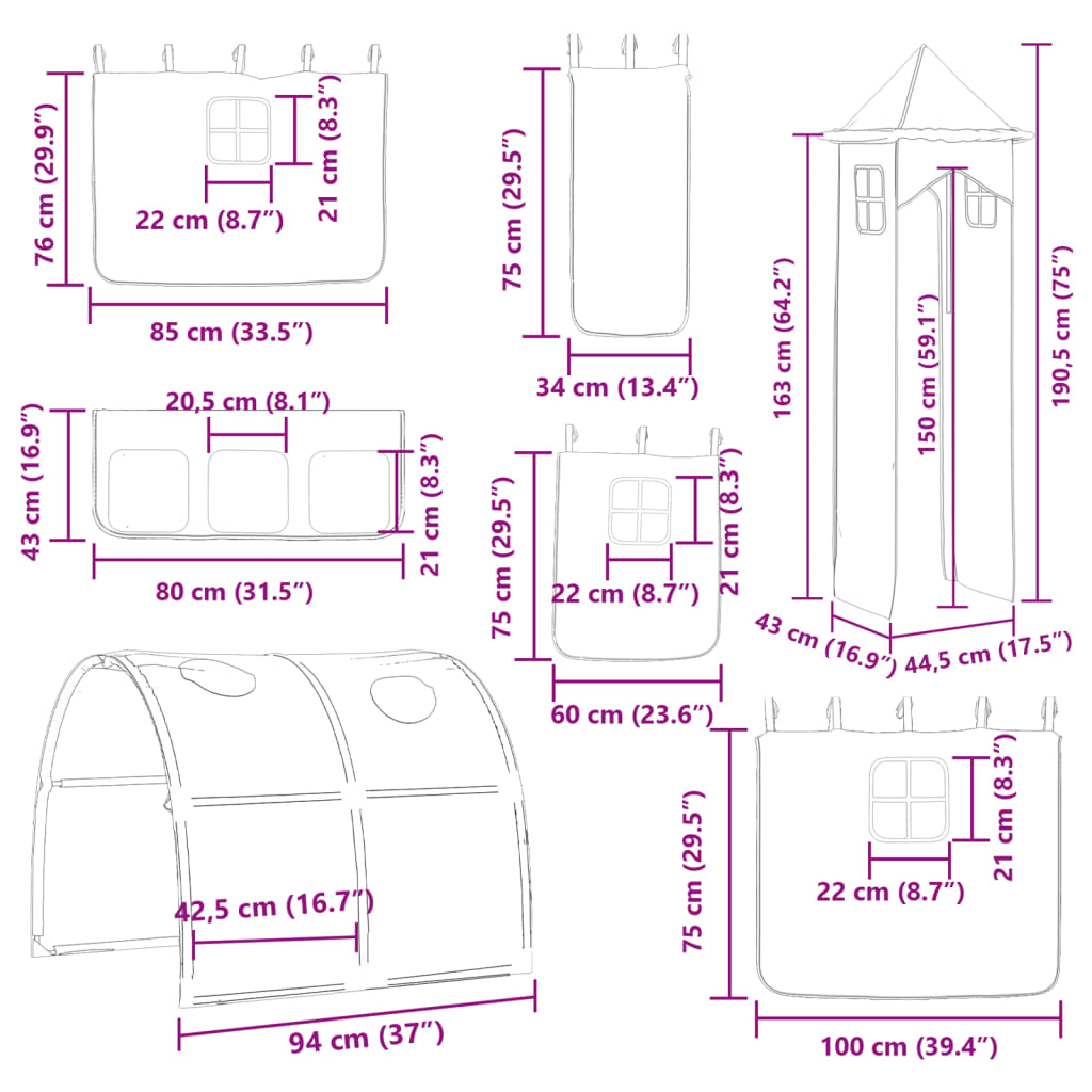 vidaXL Lit superposé avec toboggan et rideaux bleu 80x200 cm