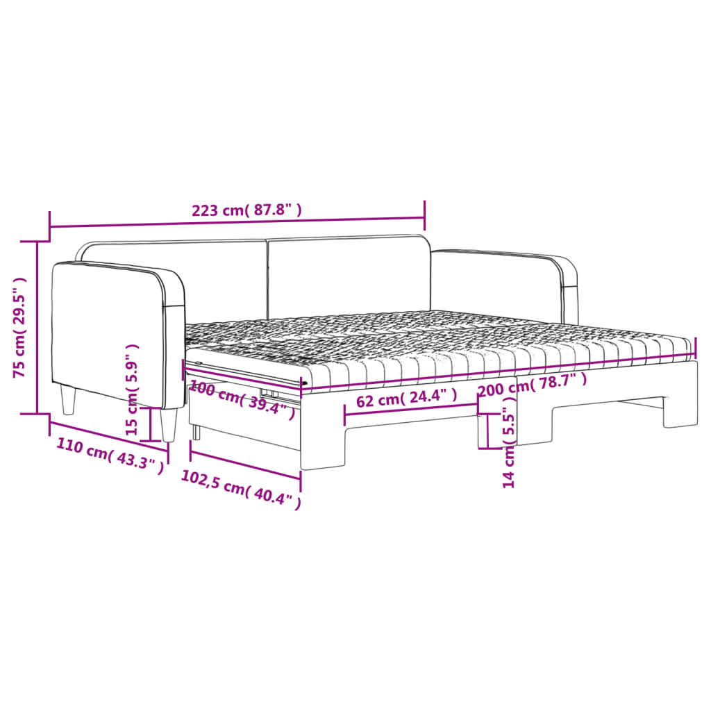 vidaXL Lit de jour avec gigogne et matelas noir 100x200 cm tissu