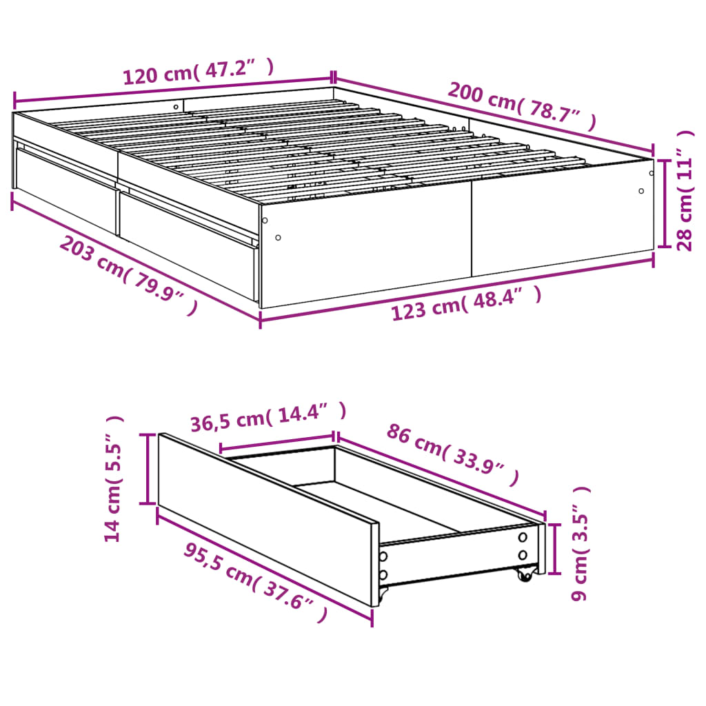 vidaXL Cadre de lit et tiroirs chêne fumé 120x200 cm bois d'ingénierie