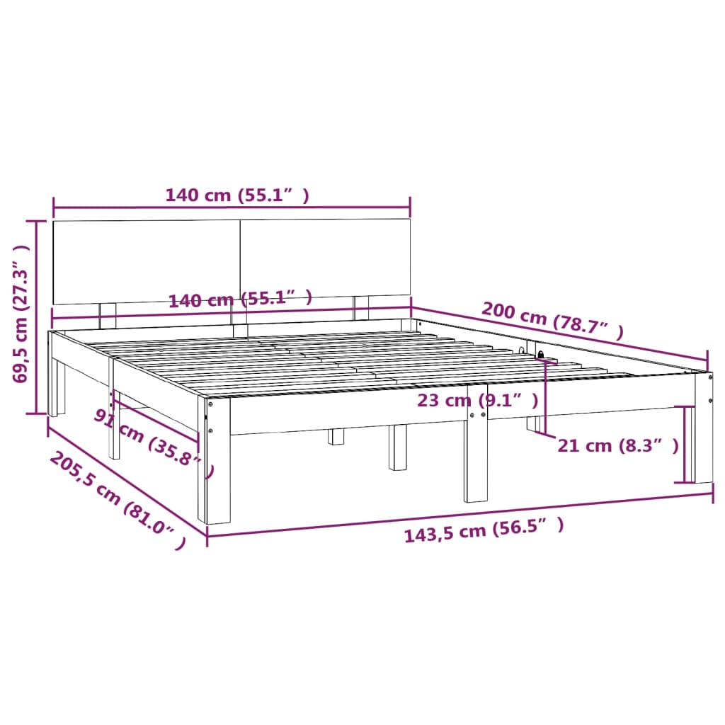 vidaXL Cadre de lit Bois de pin massif 140x200 cm