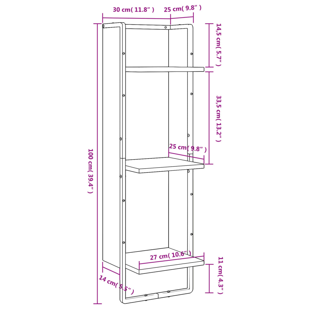 vidaXL Étagère murale 3 niveaux noir 30x25x100 cm bois d'ingénierie