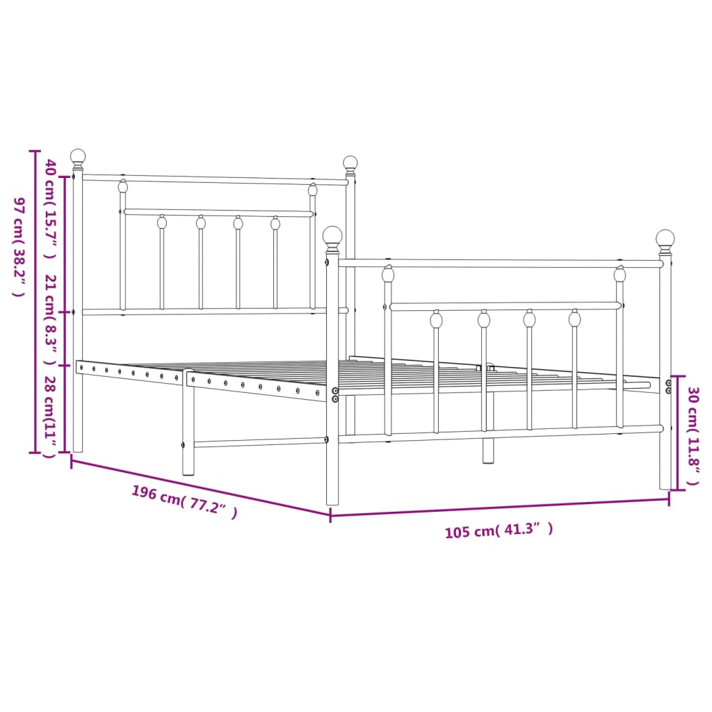 vidaXL Cadre de lit métal avec tête de lit/pied de lit blanc 100x190cm