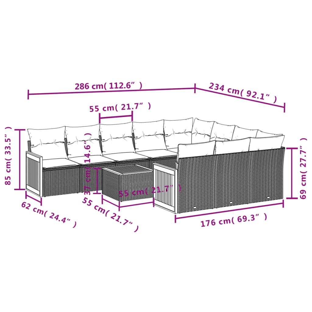 vidaXL Salon de jardin 11 pcs avec coussins gris résine tressée