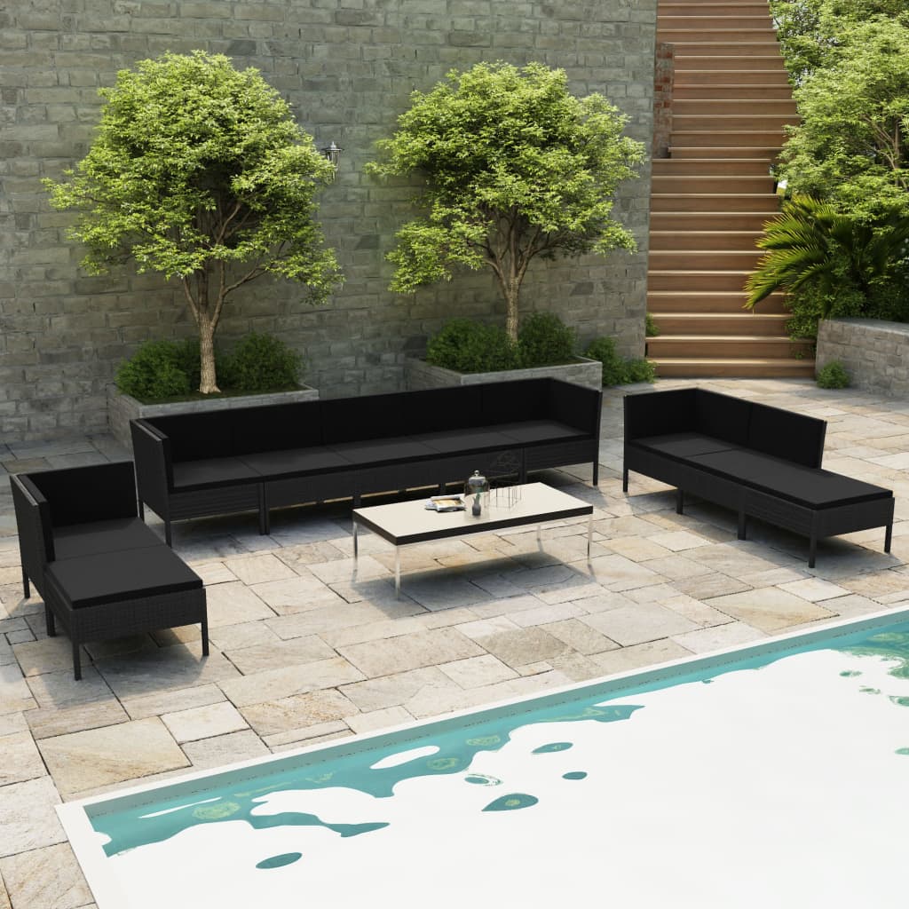 vidaXL Salon de jardin 10 pcs avec coussins Résine tressée Noir