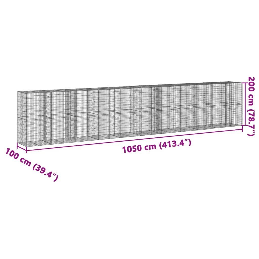 vidaXL Panier gabion avec couvercle 1050x100x200 cm fer galvanisé