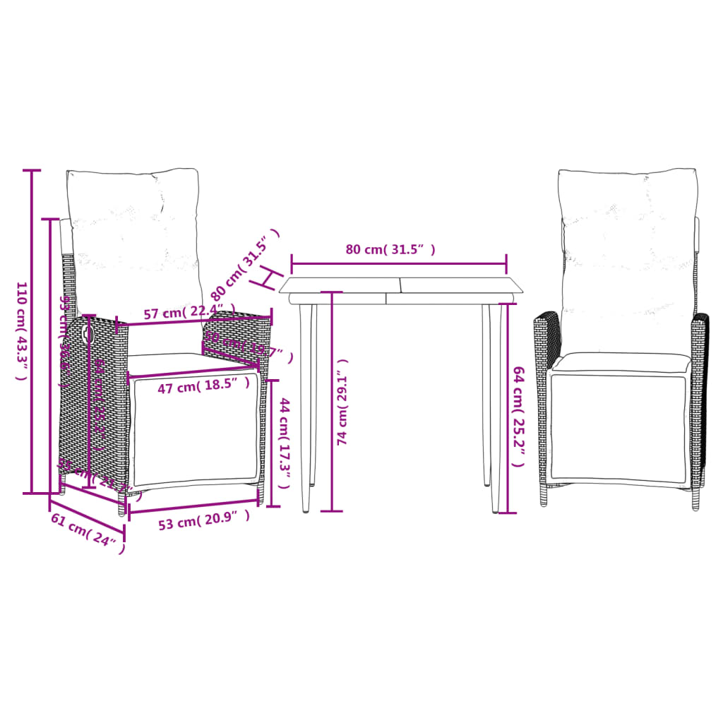 vidaXL Ensemble à manger de jardin 3 pcs et coussins marron poly rotin