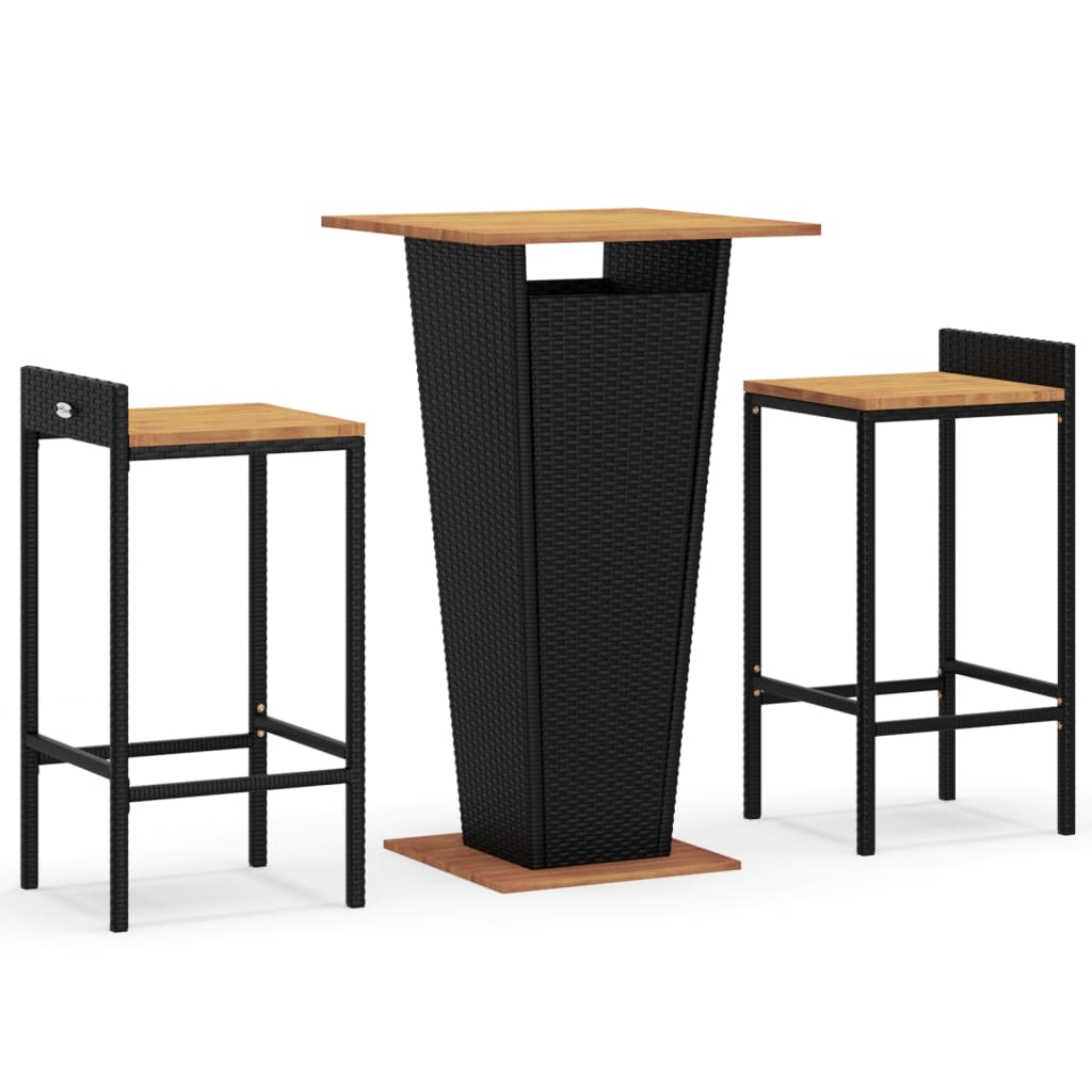 vidaXL Ensemble de bar jardin 3 pcs noir poly rotin/bois massif acacia