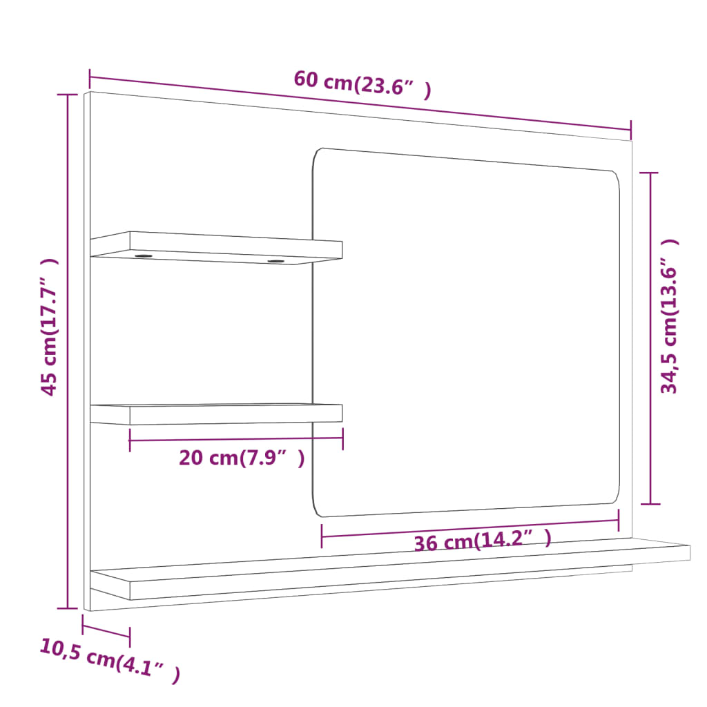 vidaXL Miroir de bain Sonoma gris 60x10,5x45 cm Bois d'ingénierie