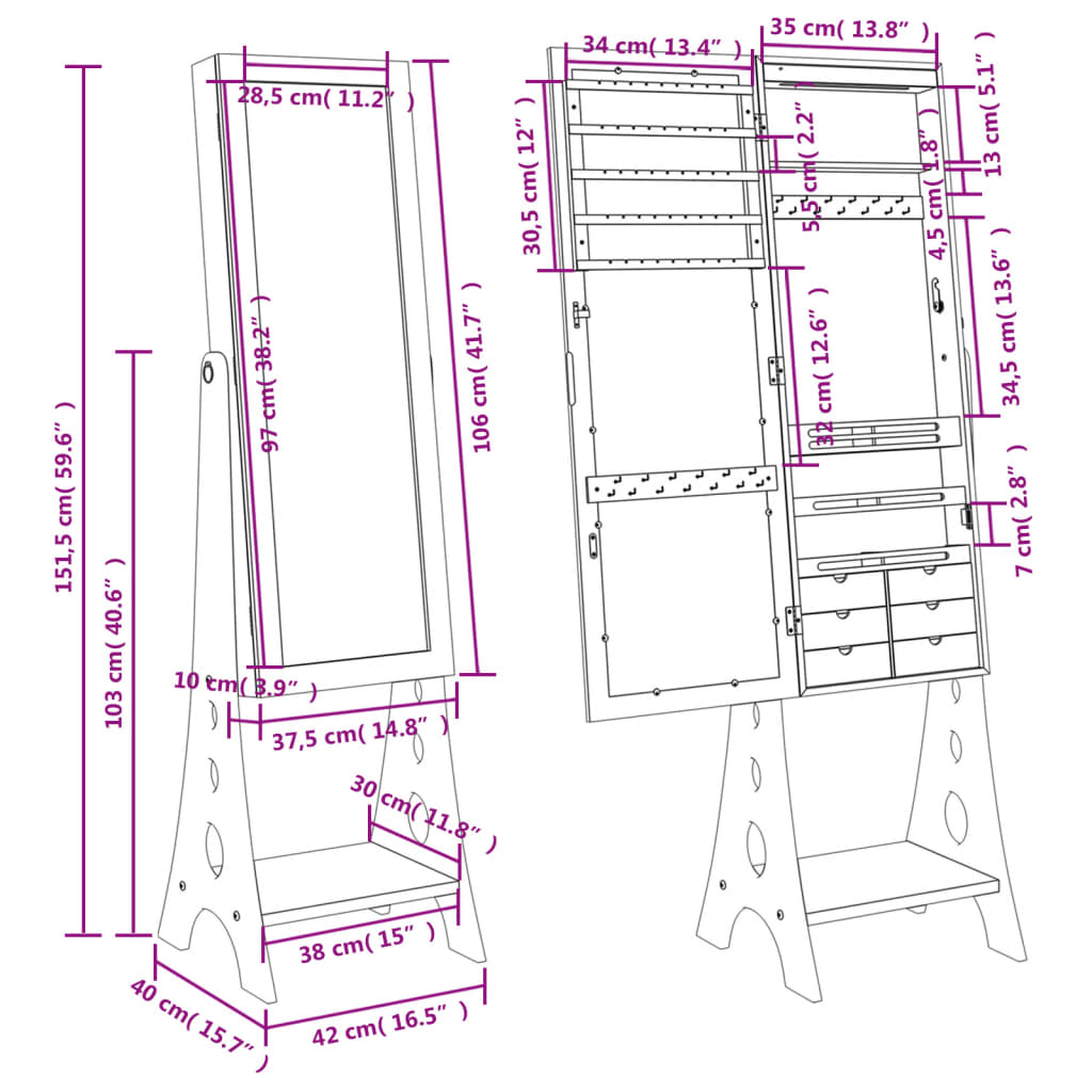 vidaXL Armoire à bijoux miroir avec lumières LED sur pied