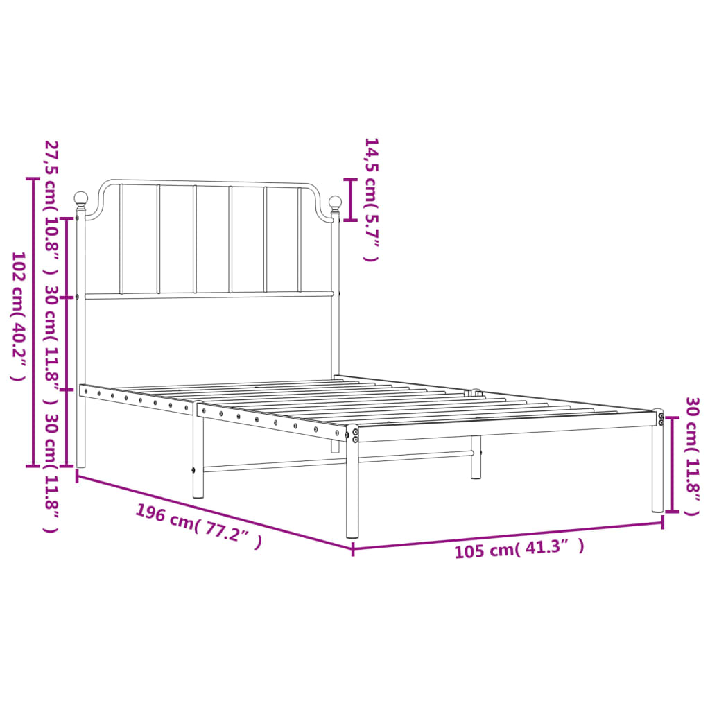 vidaXL Cadre de lit métal sans matelas avec tête de lit noir 100x190cm