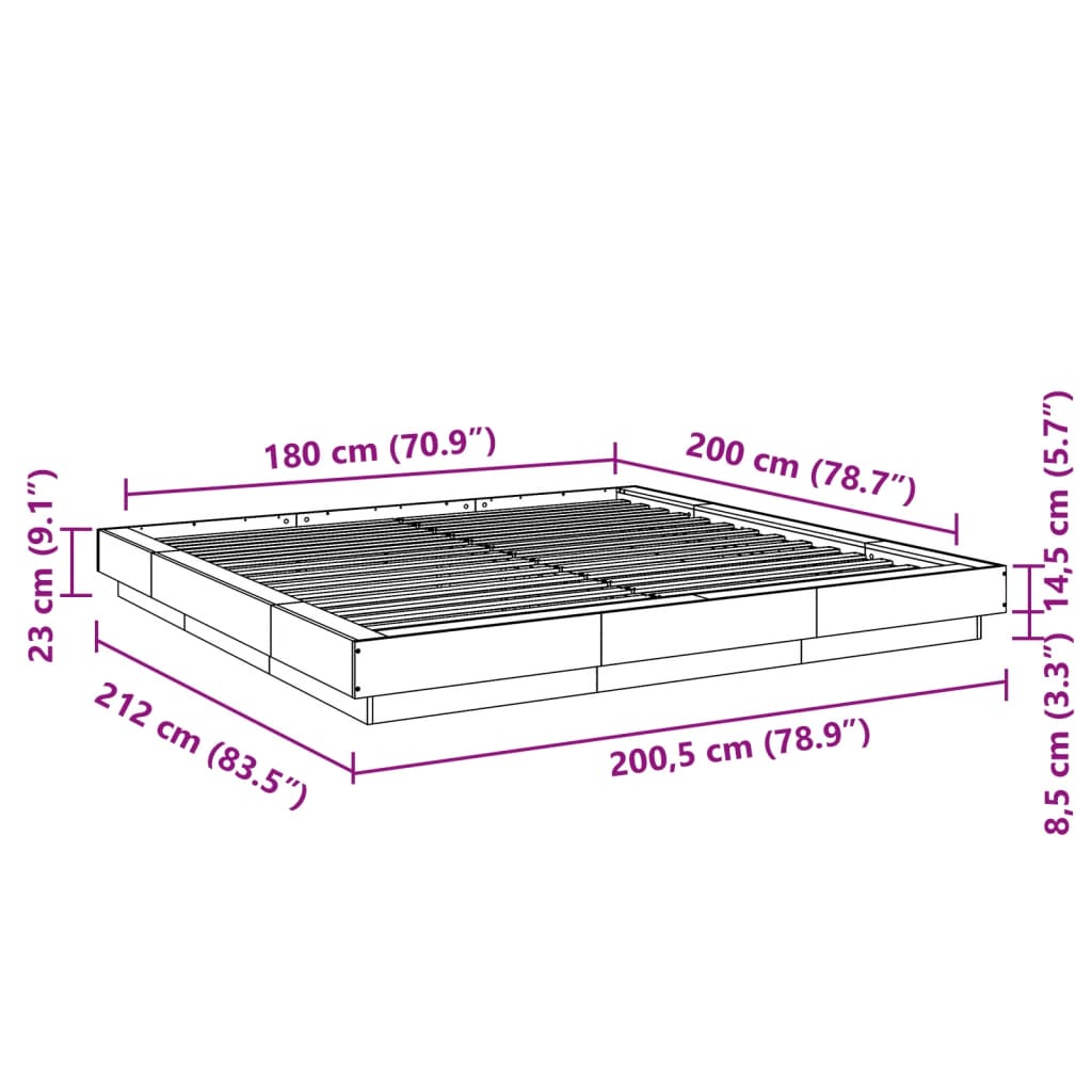 vidaXL Cadre de lit avec lumières LED gris béton 180x200 cm