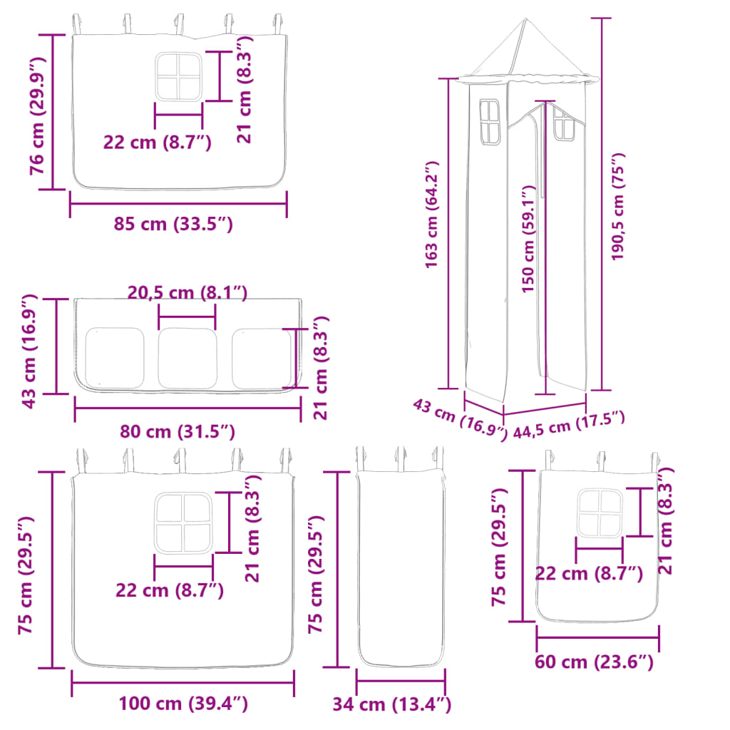 vidaXL Lit superposé avec toboggan et rideaux rose 80x200 cm